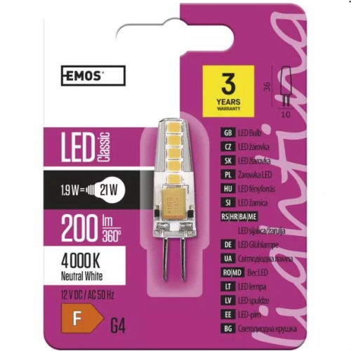 EMOS LED kapsle 1.9W/21W G4 4000K 200lm NonDim 30Y