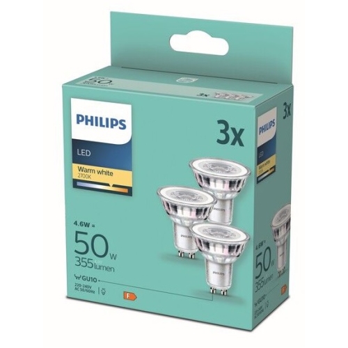 PHILIPS LED reflektor PAR16 4.6W/50W GU10 2700K 355m/36° NonDim 15Y 3-pack