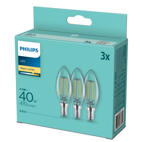 PHILIPS LED svíčka filament B35 4.3W/40W E14 2700K 470lm NonDim 15Y 3BL