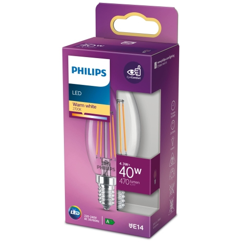 PHILIPS LED svíčka filament B35 4.3W/40W E14 2700K 470lm NonDim 15Y čirá BL