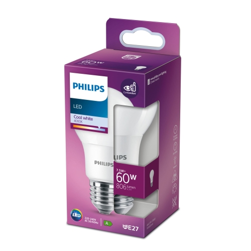 PHILIPS LED žárovka A60 7.5W/60W E27 4000K 806lm NonDim 15Y opál BL