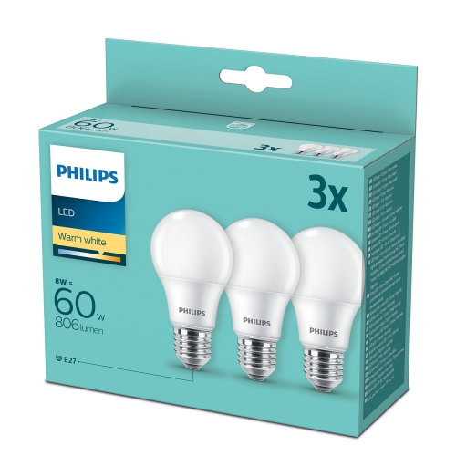 PHILIPS LED žárovka A60 8W/60W E27 2700K 806lm NonDim 15Y opál 3BL