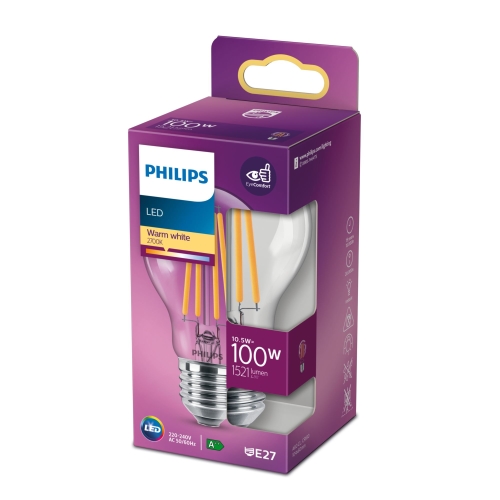 PHILIPS LED žárovka Classic A60 10.5W/100W E27 2700K 1521lm NonDim 15Y čirá BL