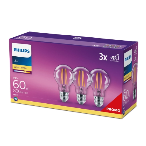 PHILIPS LED žárovka filament A60 7W/60W E27 2700K 806lm NonDim 15Y 3-pack